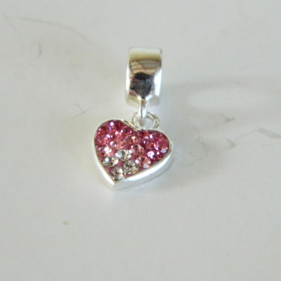 925 Sterling Silver Crystal Heart Dangle Charm - Picture 1 of 4